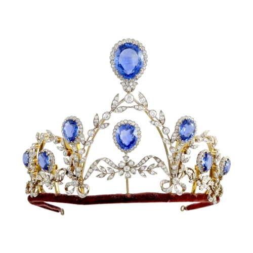 Early 20th century sapphire and diamond garland swag necklace by Caldwell, American c.1905, converting to a tiara, with eight principal pear shaped facetted Ceylon sapphires,